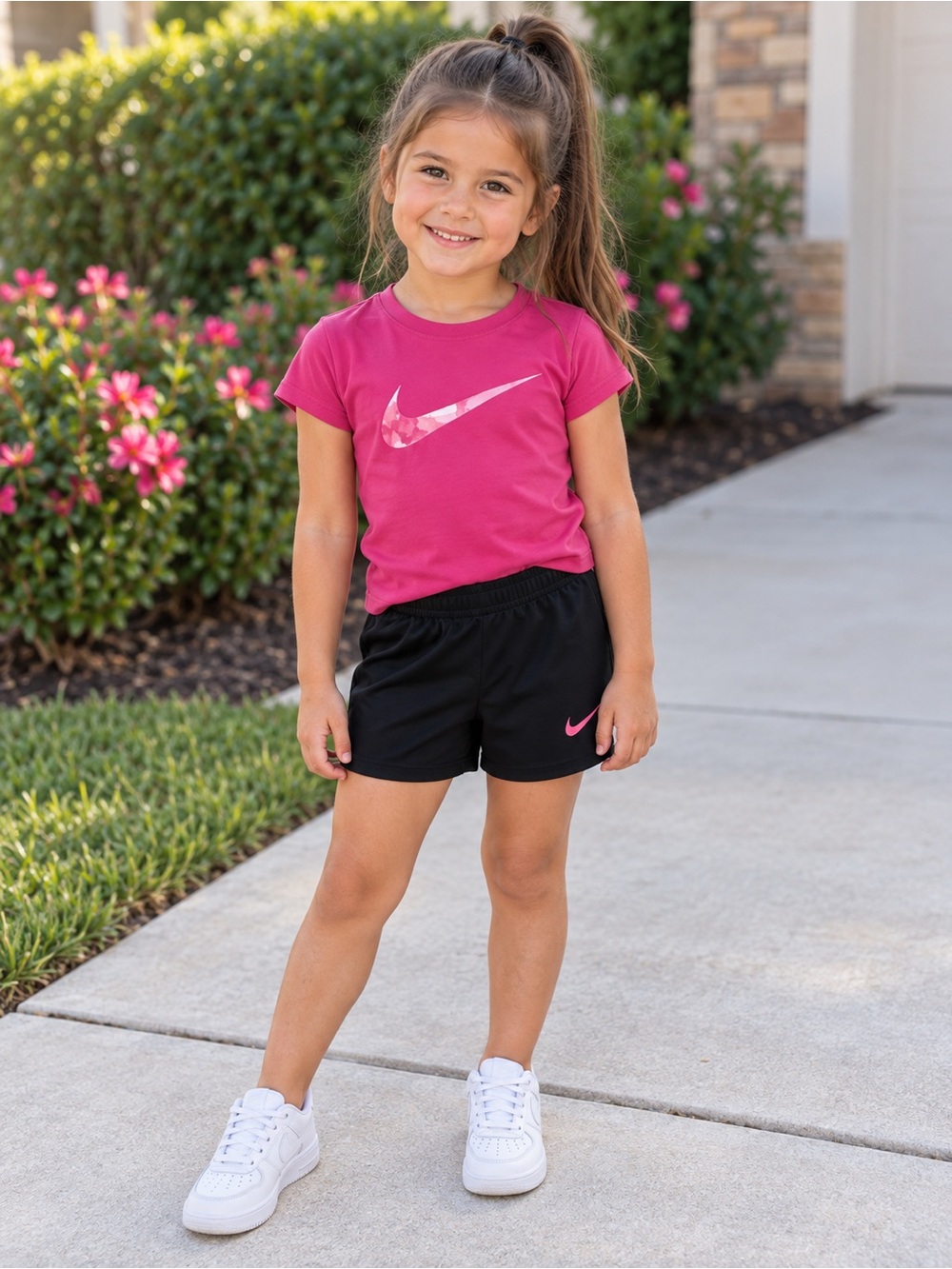 Girls Size 4 Nike 2-Piece Outfit Set Pink Swoosh Tee & Black Shorts NWT